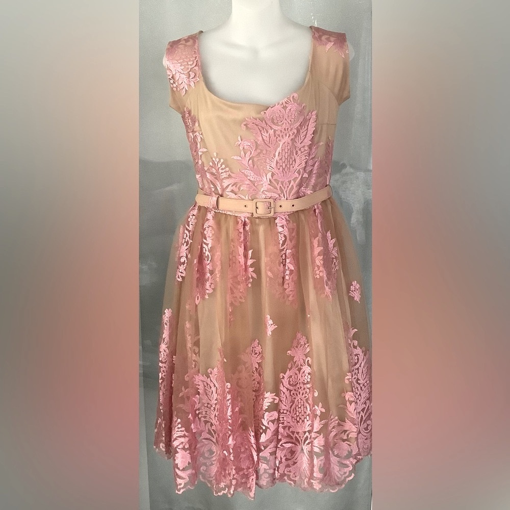Rubber Ducky Productions lace dress with nude underlay pink floral lace overlay